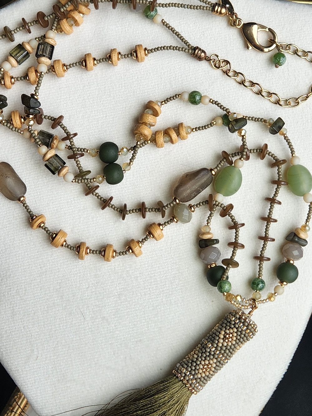 Chico's Boho Green Earth Tone Beaded Tassel Statement Layering Necklace Glass